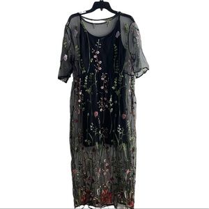 𝅺baronhong XL Embroidered Tulle Maxi Dress with Black Slip (See Measurements)